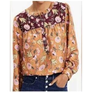 LOFT Fall Floral Blouse Long Sleeve Boho Harvest Print Top Size S